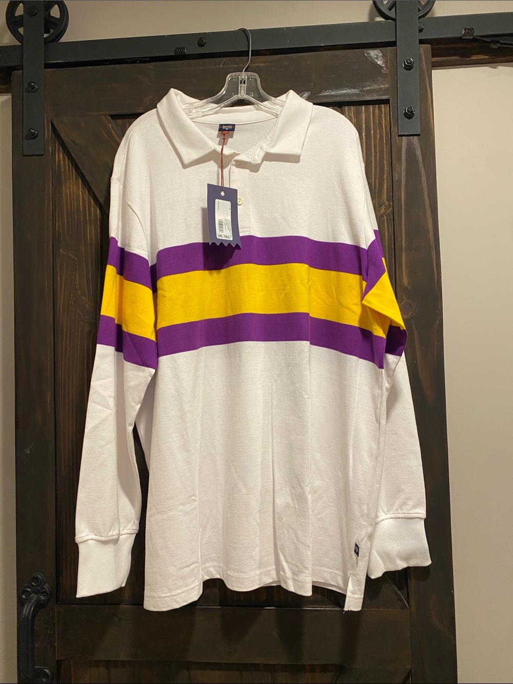 Rowing Blazers White Polo with Purple and Yellow Stripes